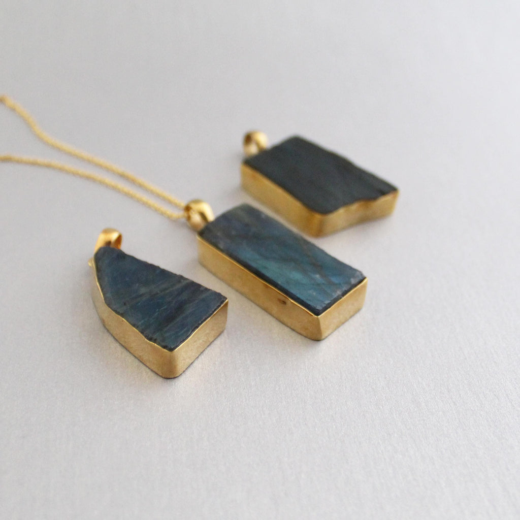 Raw Labradorite Pendant Necklace: Sterling Silver Framed Stone