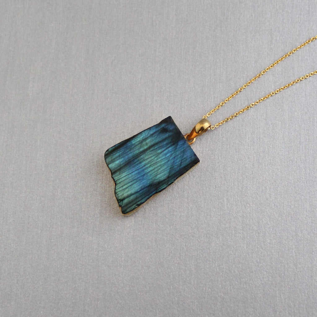 Raw Labradorite Pendant Necklace: Sterling Silver Framed Stone