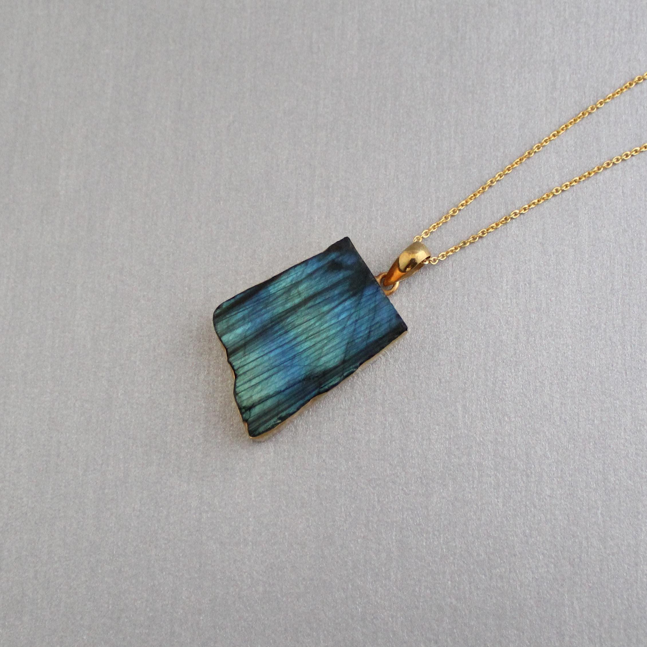 Raw Labradorite Pendant Necklace: Sterling Silver Framed Stone