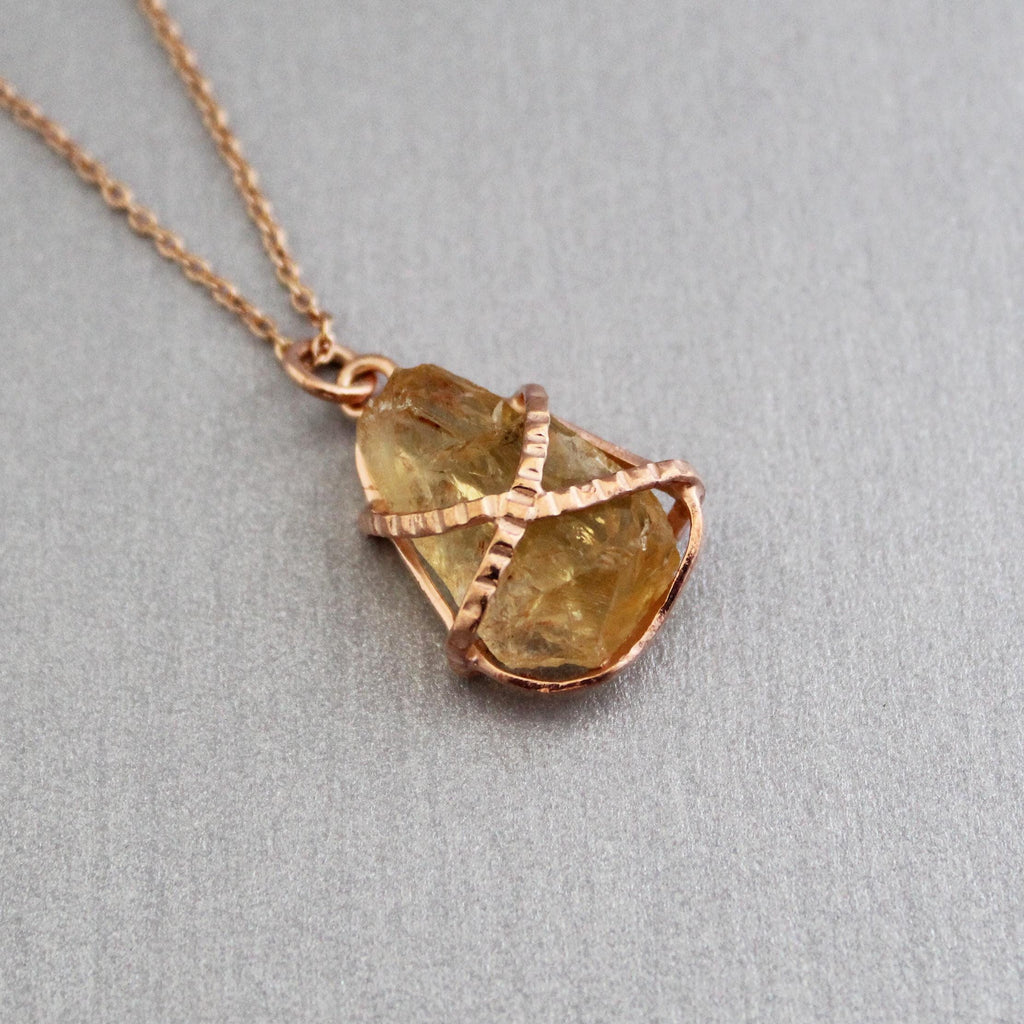 Raw Citrine Necklace: Sterling Silver Wire Wrapped Pendant, Handmade