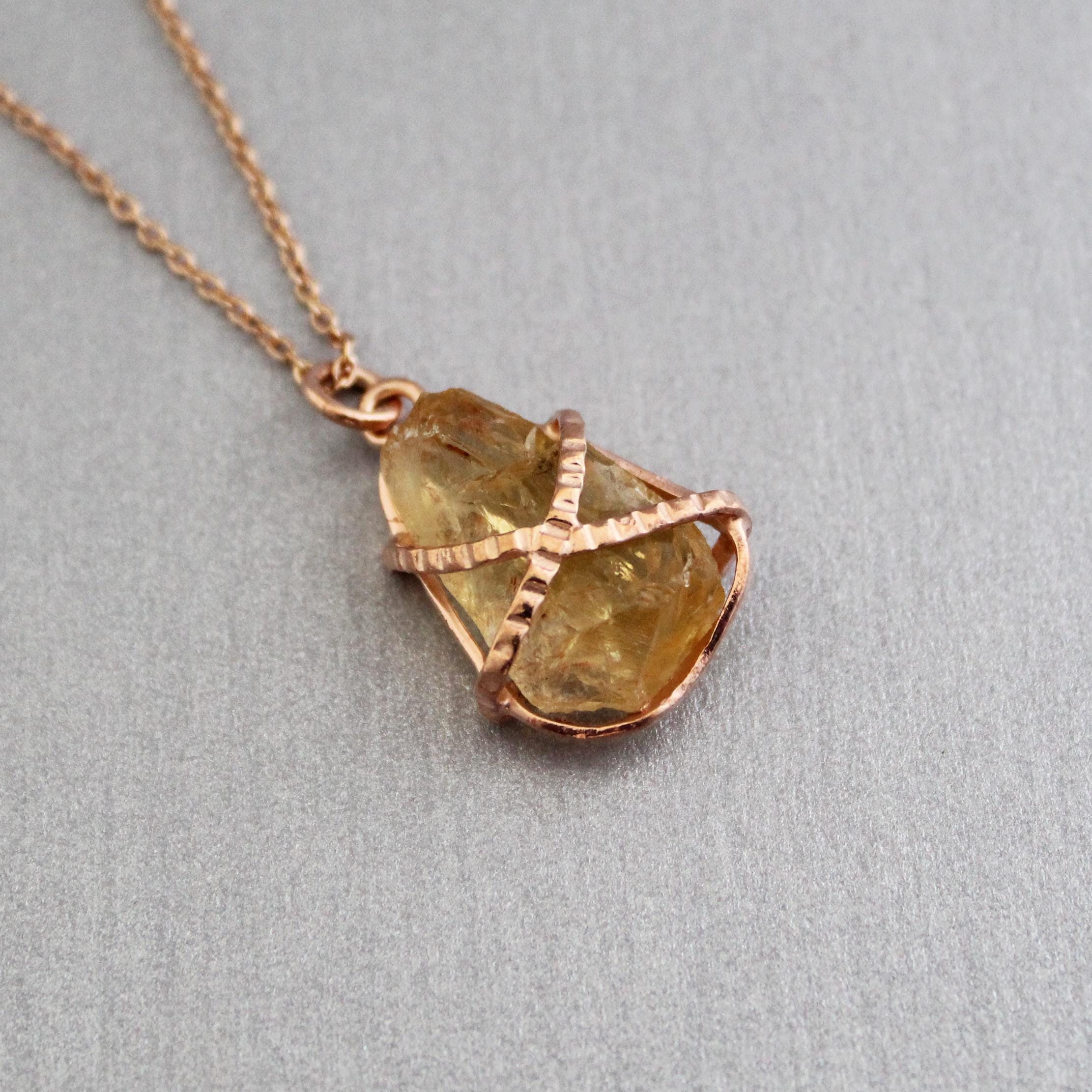 Raw Citrine Necklace: Sterling Silver Wire Wrapped Pendant, Handmade