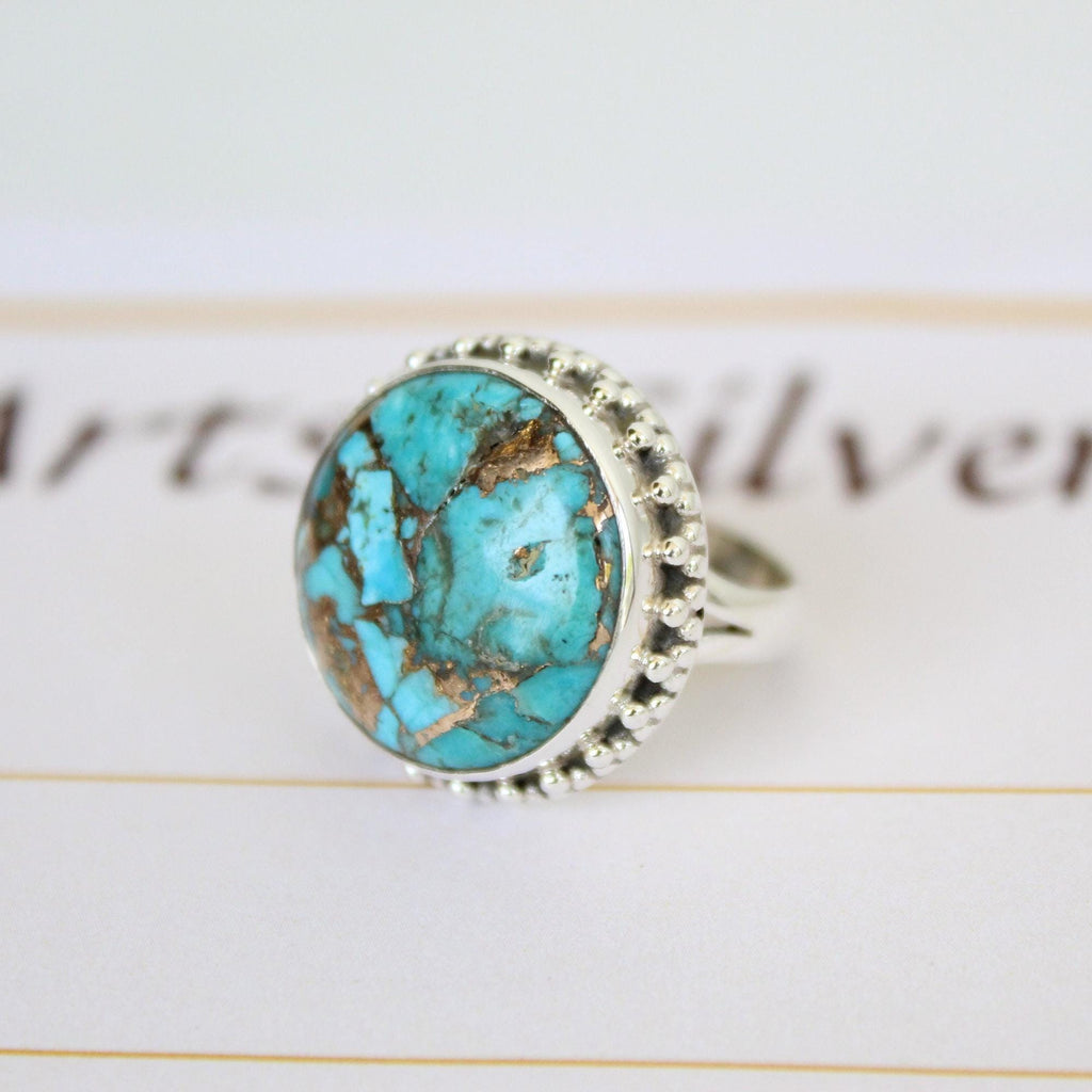 Sterling Silver round copper Turquoise Gemstone Ring, Boho Statement Jewelry, December Birthstone,