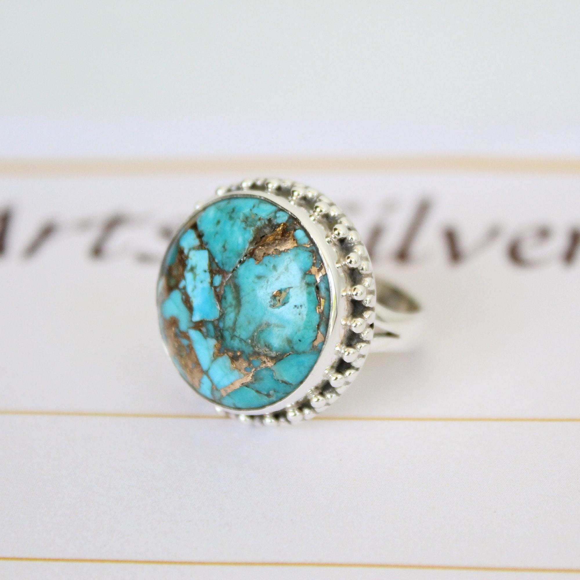 Sterling Silver round copper Turquoise Gemstone Ring, Boho Statement Jewelry, December Birthstone,