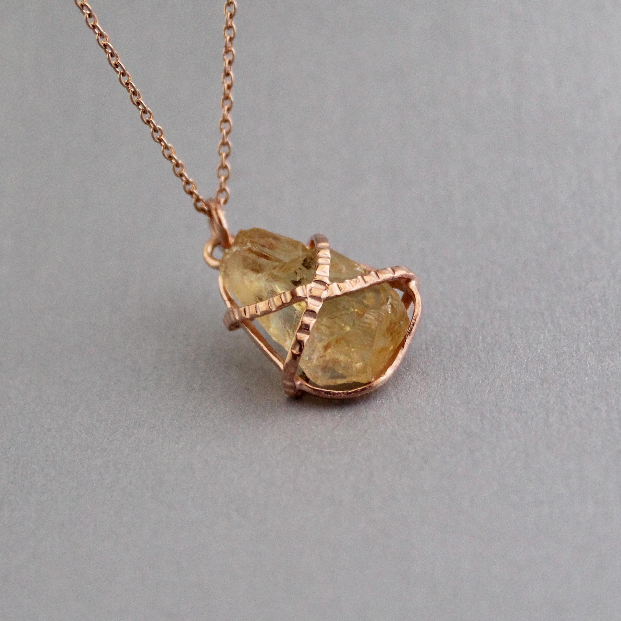 Raw Citrine Necklace: Sterling Silver Wire Wrapped Pendant, Handmade