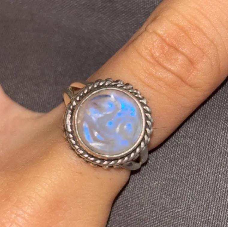 Rainbow Moonstone Ring, Handcrafted Sterling Silver Crescent Moon Face, Wedding Jewelry, Rainbow Ring