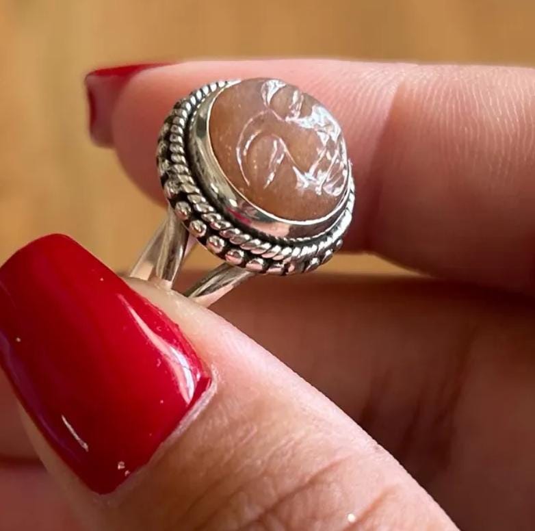 Handmade Peach Moonstone Face Ring, 925 Sterling Silver Celestial Jewelry, June Birthstone