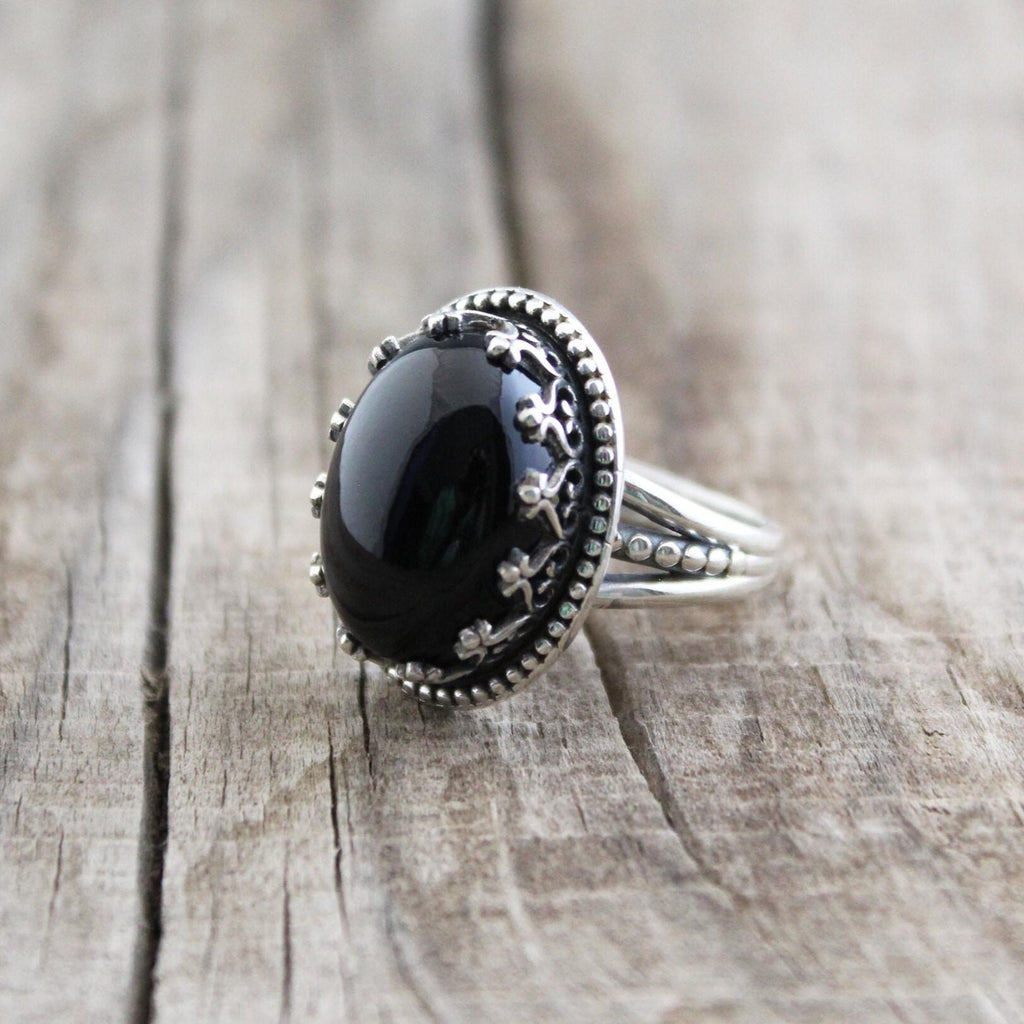 Black Onyx Silver Ring, Oval Cabochon Birthstone, Handmade Gemstone Jewelry, Boho Statement Ring, Healing Crystal Ring Gift, Everyday ring