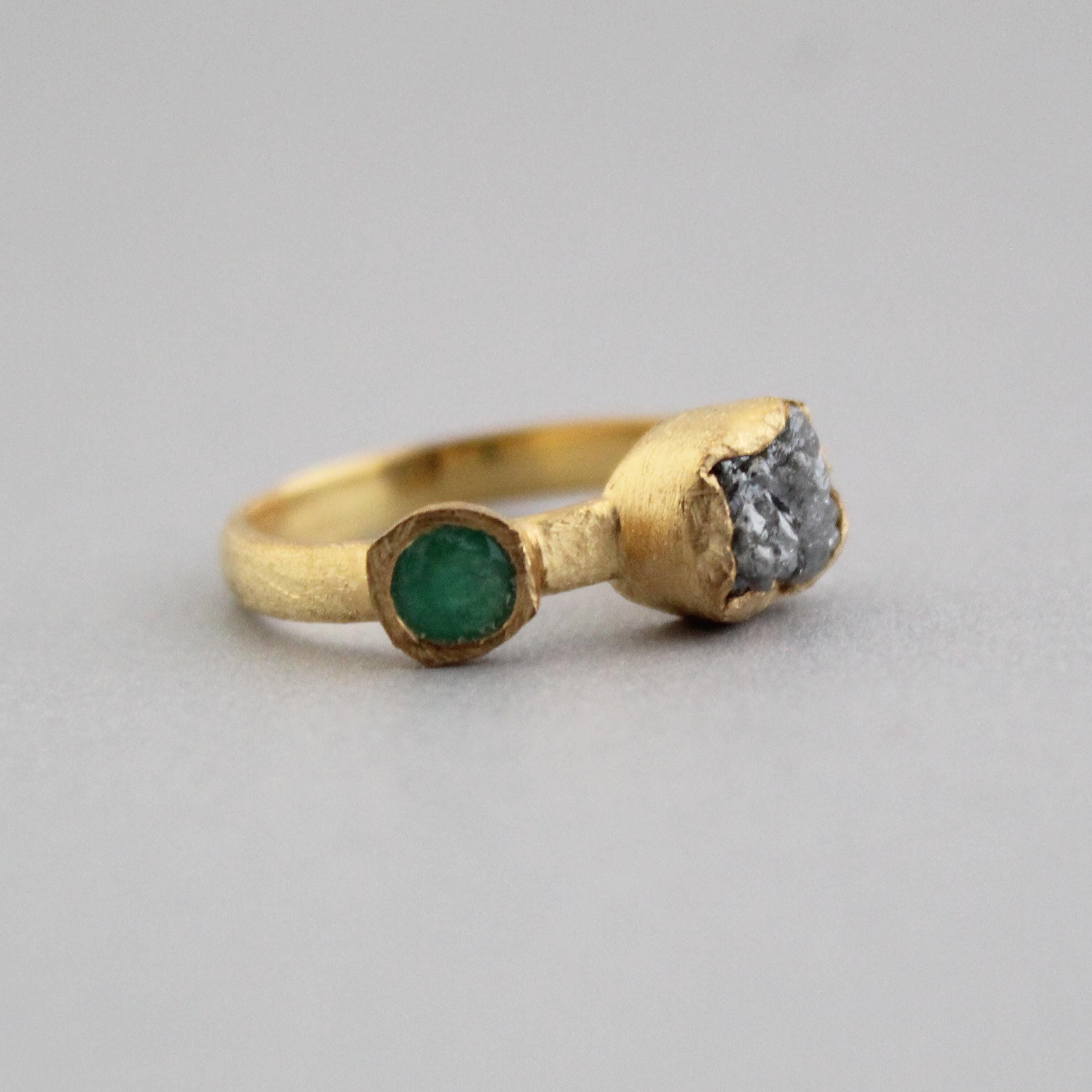 Raw Diamond Engagement Ring, Natural Emerald Ring, Handmade Silver Gold Plated Jewelry, Rough Gemstone Ring, April and may Birthstone