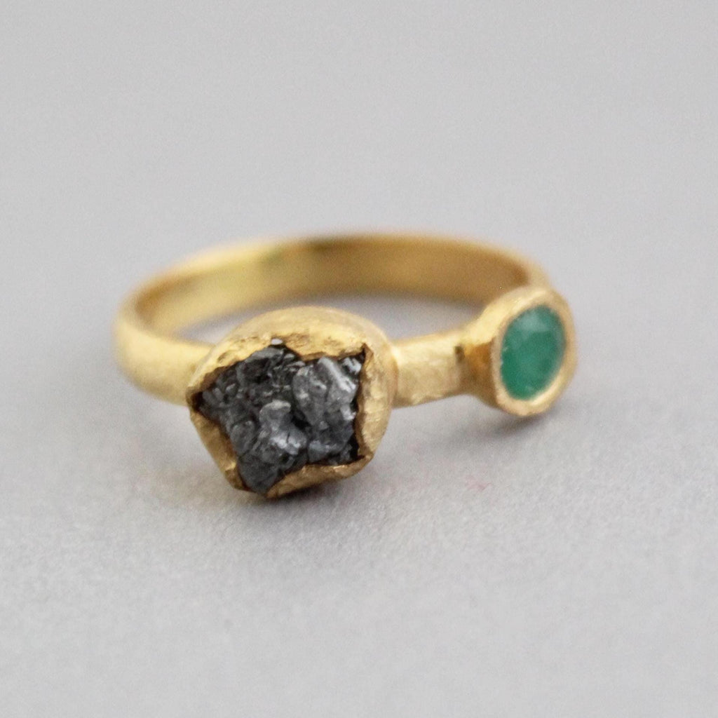 Raw Diamond Engagement Ring, Natural Emerald Ring, Handmade Silver Gold Plated Jewelry, Rough Gemstone Ring, April and may Birthstone