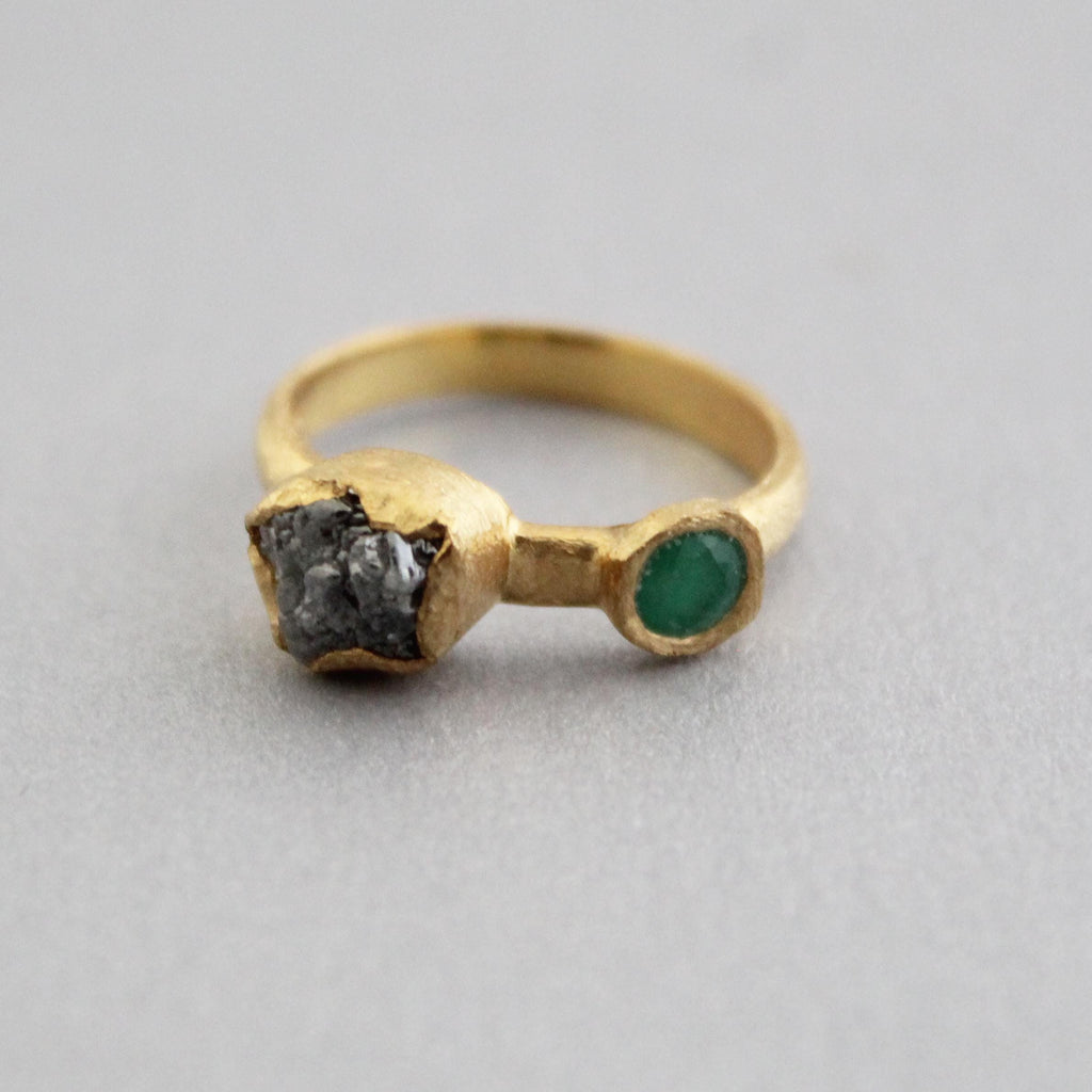 Raw Diamond Engagement Ring, Natural Emerald Ring, Handmade Silver Gold Plated Jewelry, Rough Gemstone Ring, April and may Birthstone
