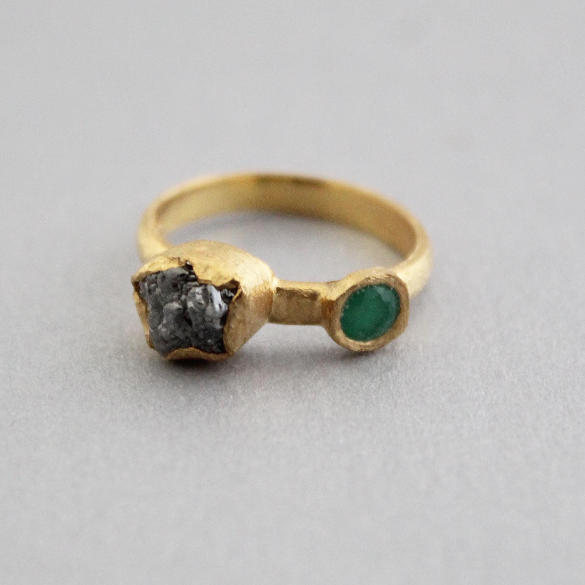 Raw Diamond Engagement Ring, Natural Emerald Ring, Handmade Silver Gold Plated Jewelry, Rough Gemstone Ring, April and may Birthstone