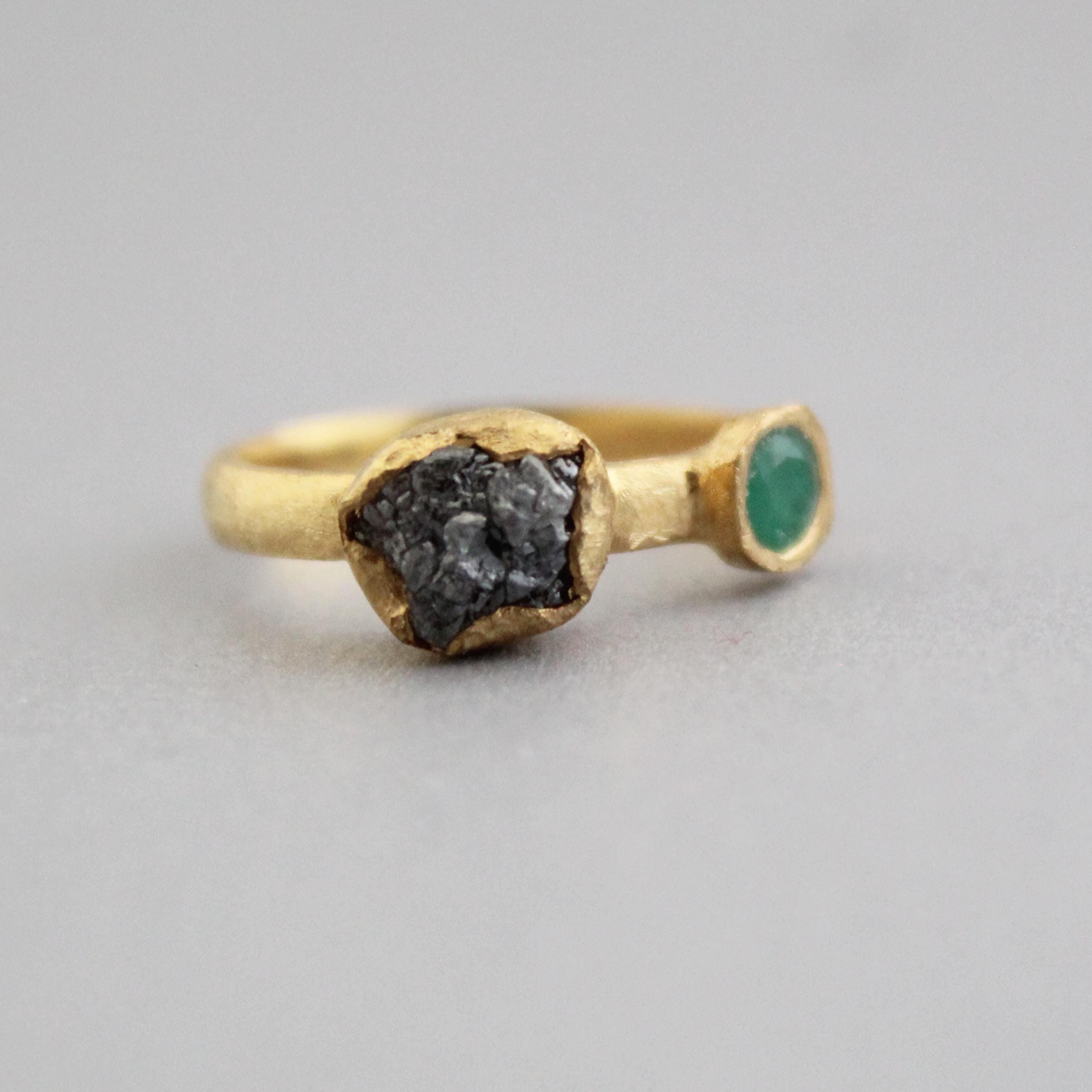 Raw Diamond Engagement Ring, Natural Emerald Ring, Handmade Silver Gold Plated Jewelry, Rough Gemstone Ring, April and may Birthstone
