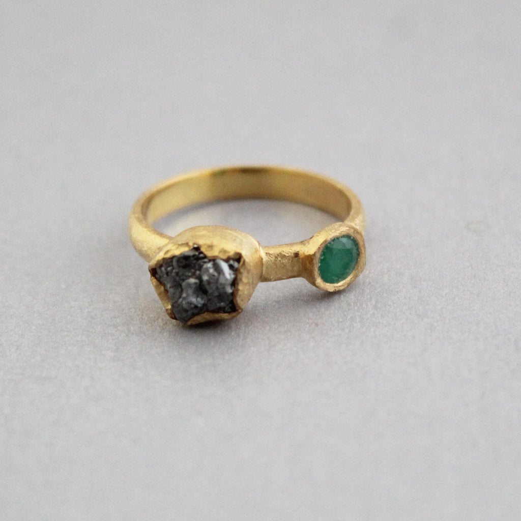 Raw Diamond Engagement Ring, Natural Emerald Ring, Handmade Silver Gold Plated Jewelry, Rough Gemstone Ring, April and may Birthstone