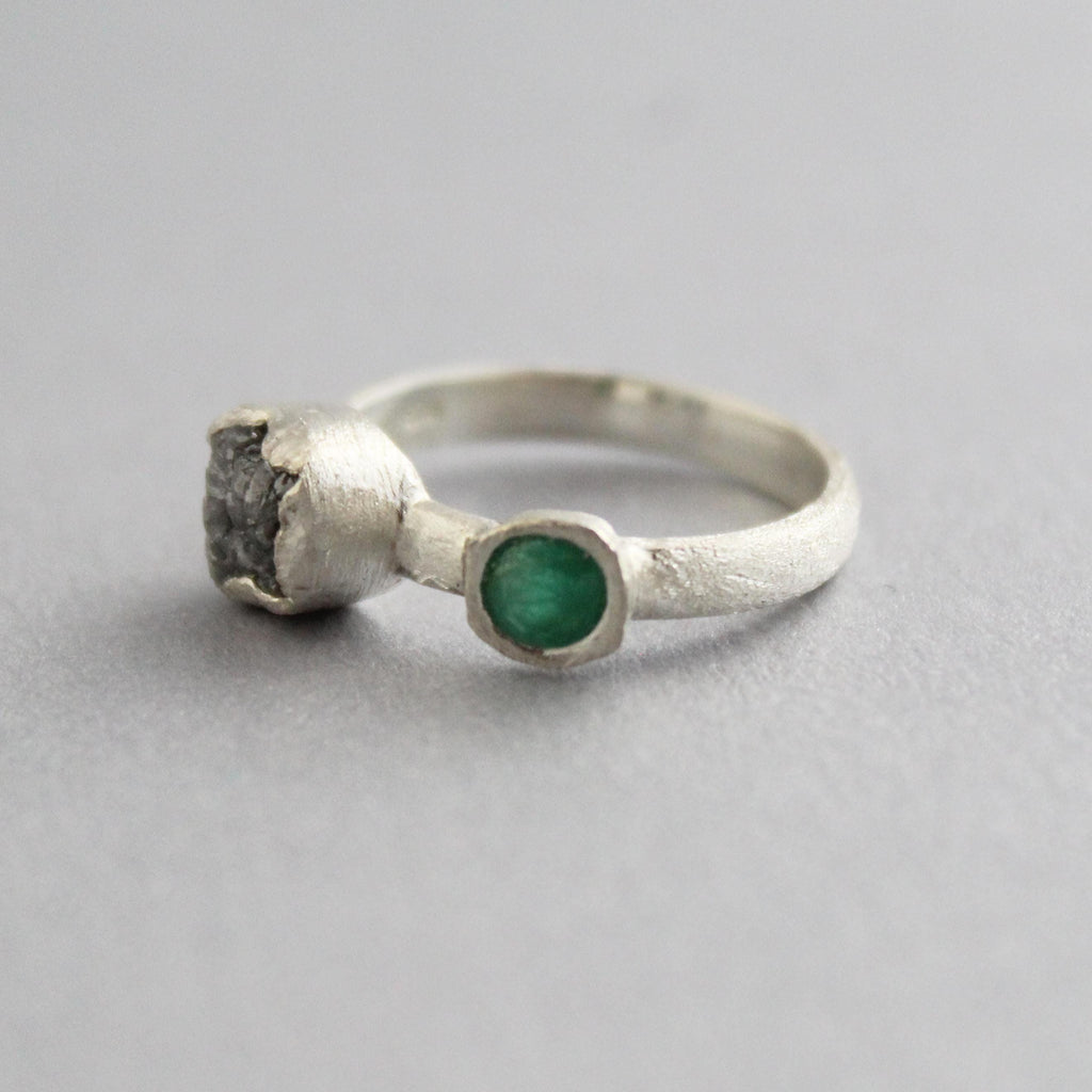Raw Diamond Engagement Ring, Natural Emerald Ring, Engagement Ring, Uncut Diamond Ring, April Birthstone, Gift For Her, Gift for Girlfriend