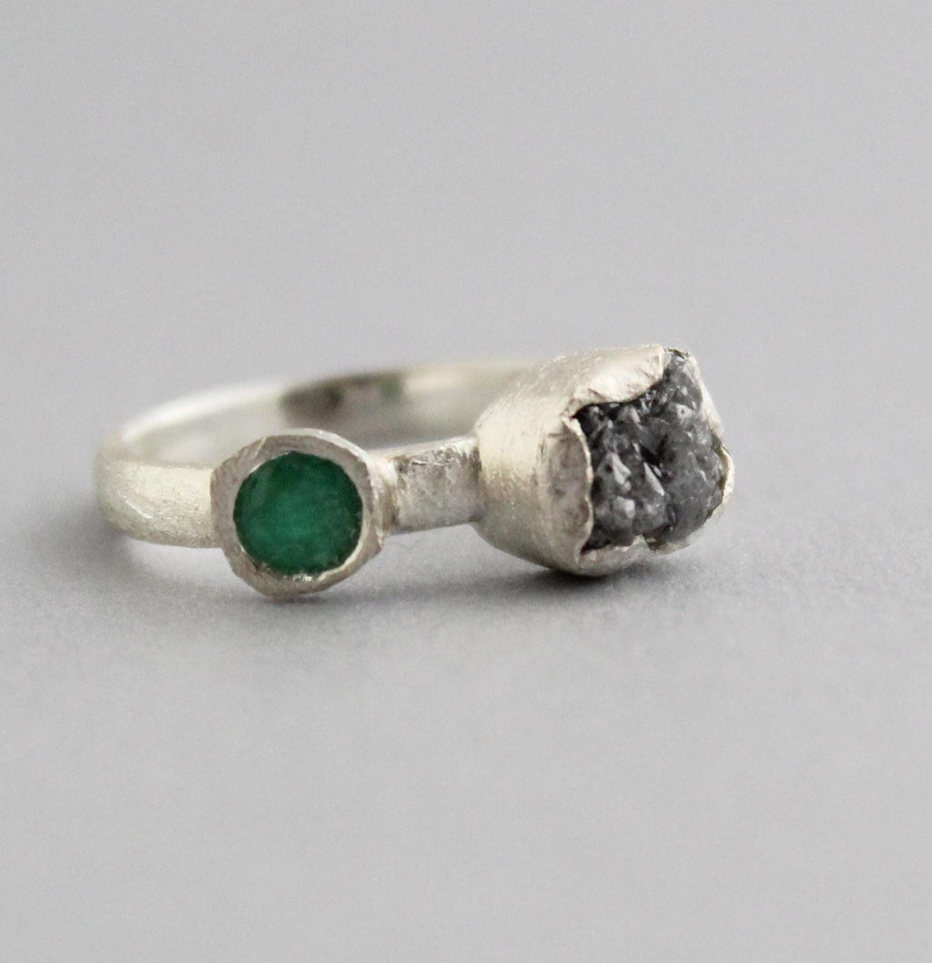 Raw Diamond Engagement Ring, Natural Emerald Ring, Engagement Ring, Uncut Diamond Ring, April Birthstone, Gift For Her, Gift for Girlfriend