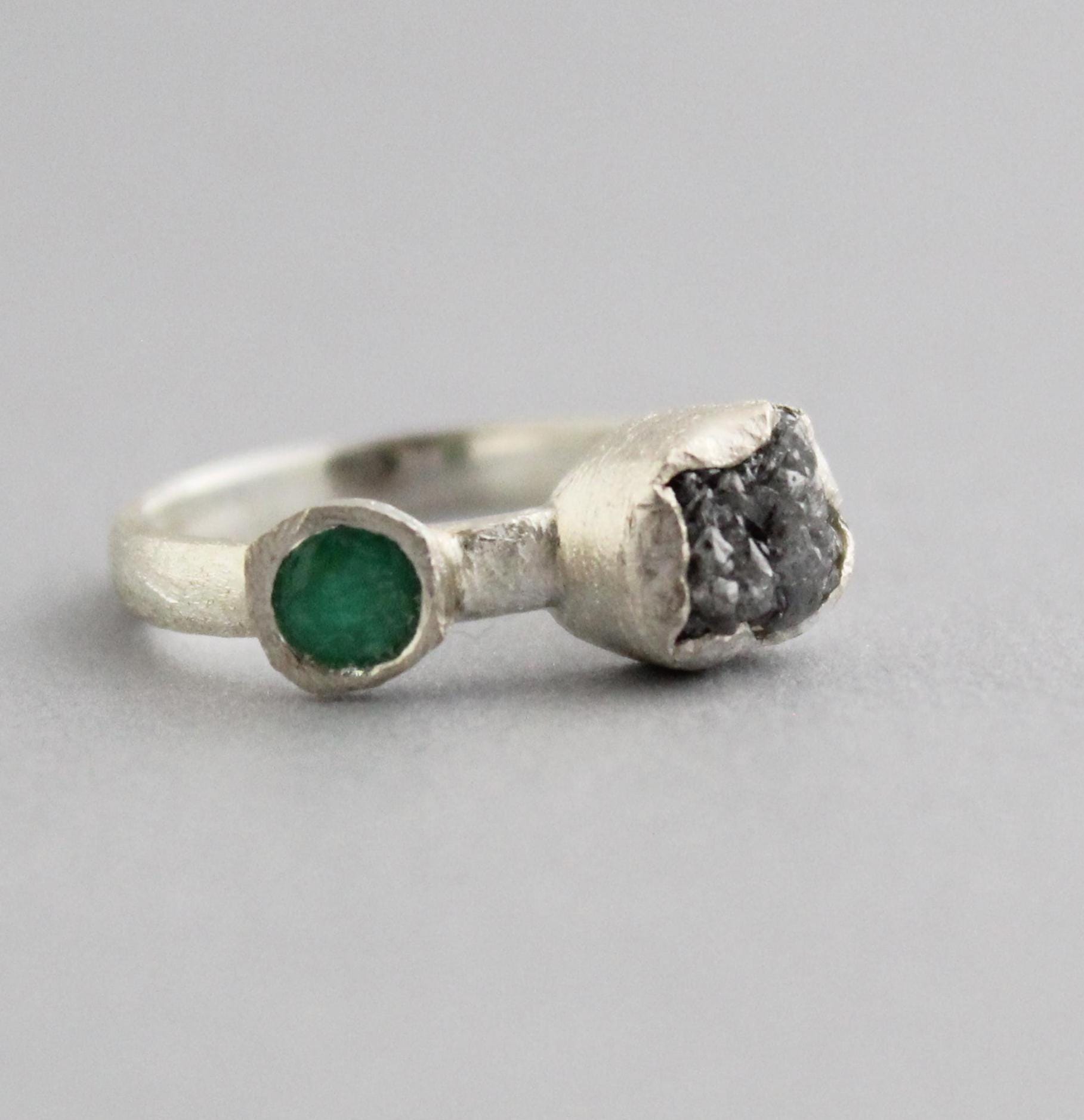 Raw Diamond Engagement Ring, Natural Emerald Ring, Engagement Ring, Uncut Diamond Ring, April Birthstone, Gift For Her, Gift for Girlfriend