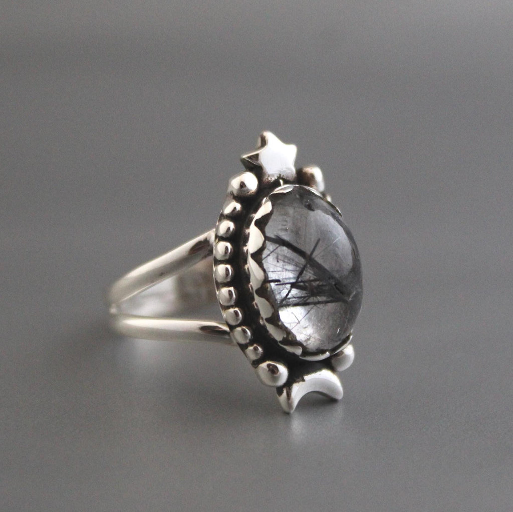 Sterling Silver Rutilated Quartz Ring, Handmade Vintage Jewelry, Nature Inspired Black Engagement Gothic Ring