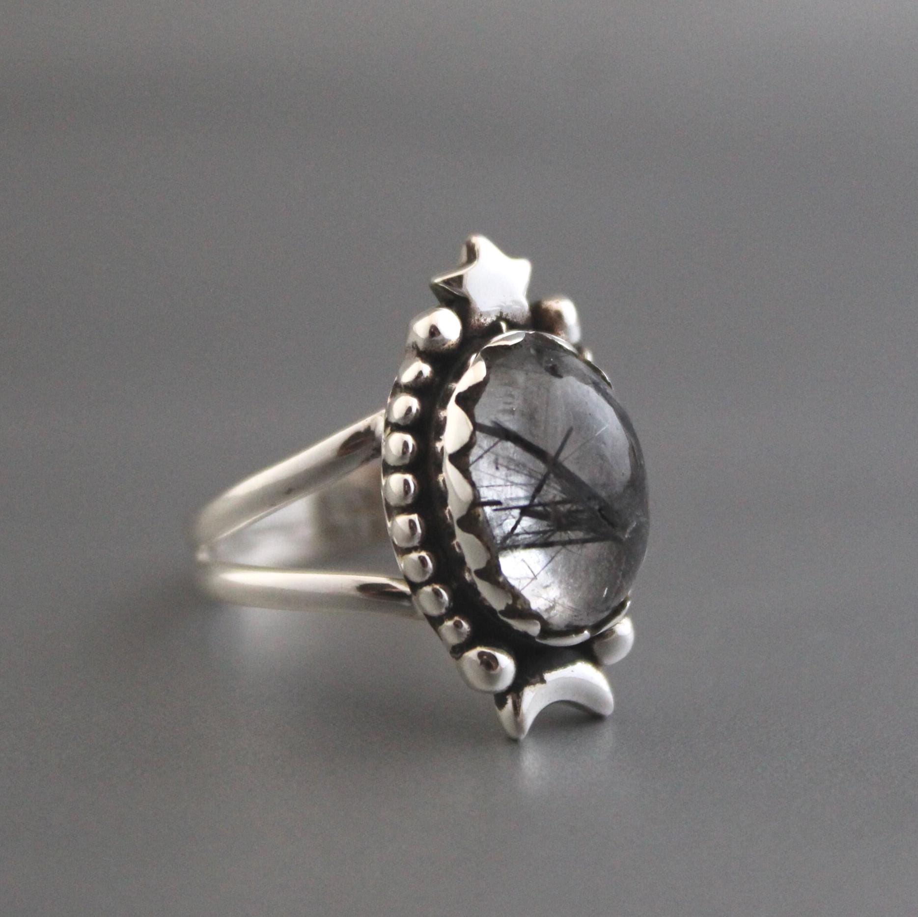 Sterling Silver Rutilated Quartz Ring, Handmade Vintage Jewelry, Nature Inspired Black Engagement Gothic Ring
