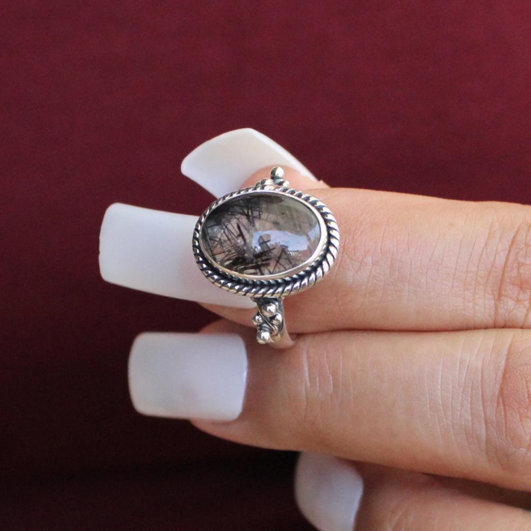 Black Rutile Quartz Ring, Oval Sterling Silver Gemstone Ring, Rutilated Quartz Ring, Handmade Gift for Her