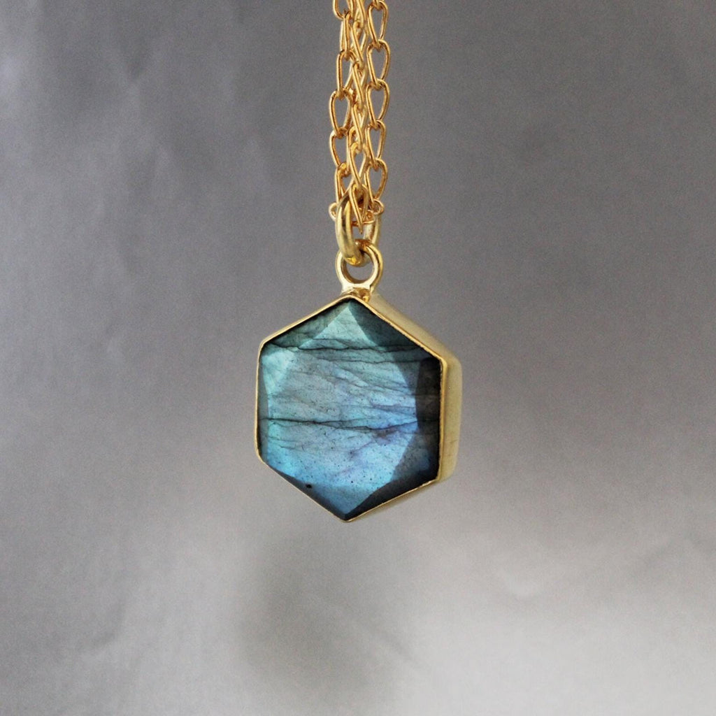 Labradorite Necklace, Hexagon Necklace, Crystal Necklace, Healing Energy Stone Moonstone, Gemstone Charm Necklace, Birthday Gift