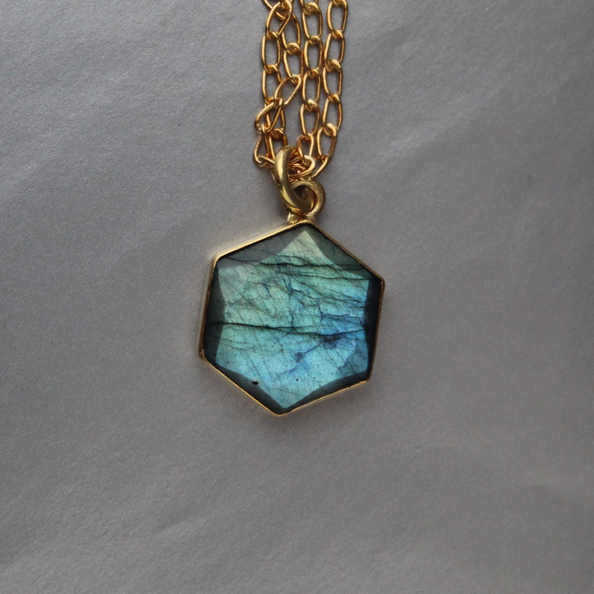Labradorite Necklace, Hexagon Necklace, Crystal Necklace, Healing Energy Stone Moonstone, Gemstone Charm Necklace, Birthday Gift