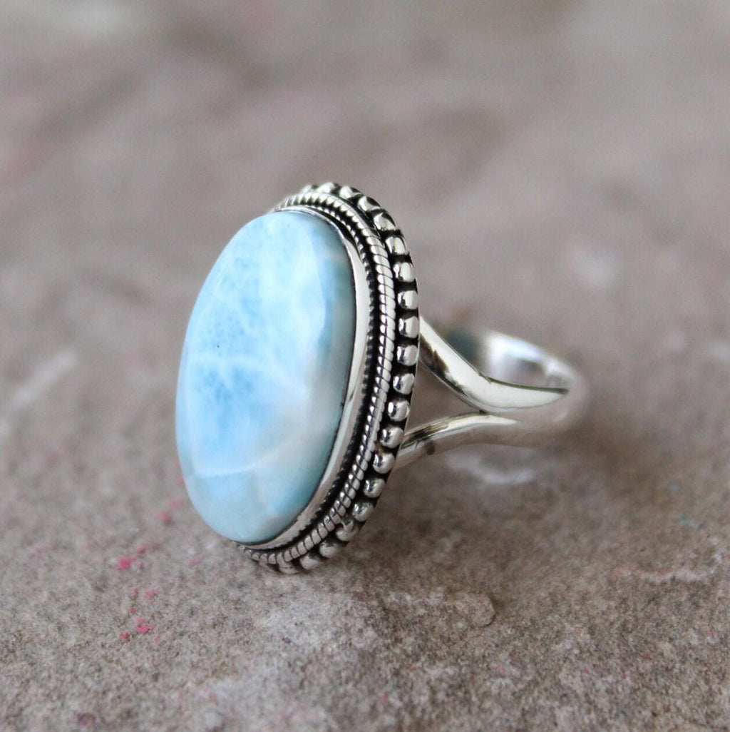 Oval Larimar Ring: Sterling Silver Art Deco Gemstone Ring