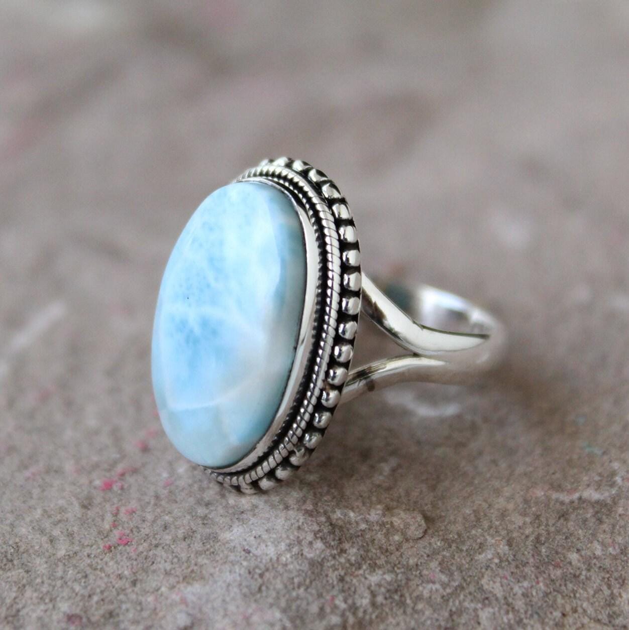 Oval Larimar Ring: Sterling Silver Art Deco Gemstone Ring