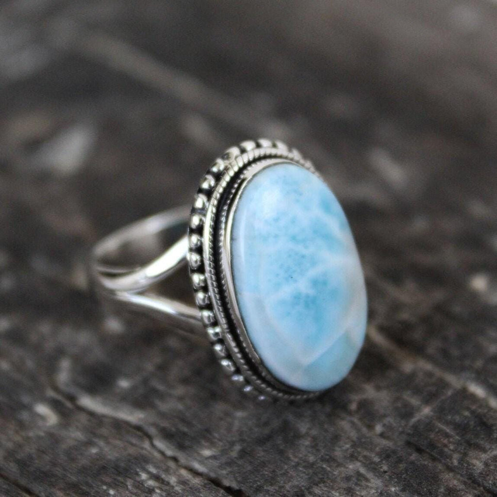 Oval Larimar Ring: Sterling Silver Art Deco Gemstone Ring