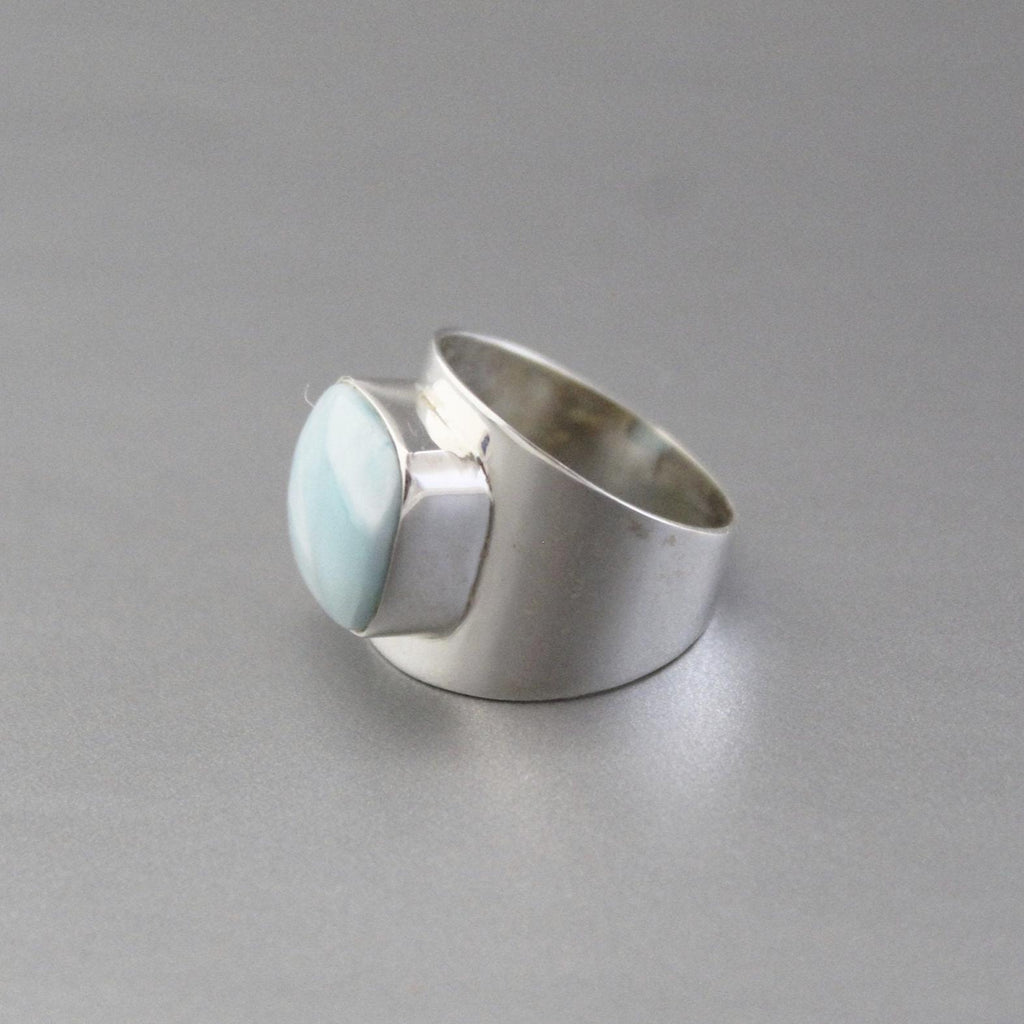 Natural Larimar Ring, Square Cabochon, Sterling Silver Ring for Women, Bohemian Jewelry Boho, Blue Gemstone
