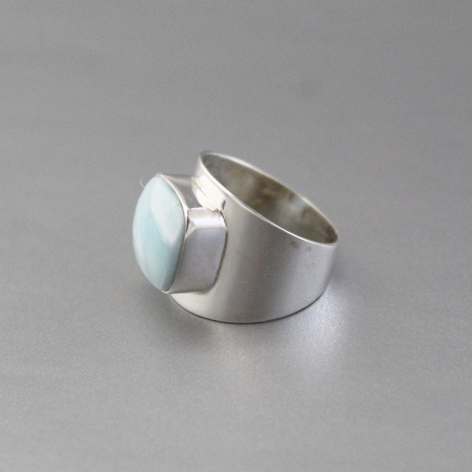 Natural Larimar Ring, Square Cabochon, Sterling Silver Ring for Women, Bohemian Jewelry Boho, Blue Gemstone