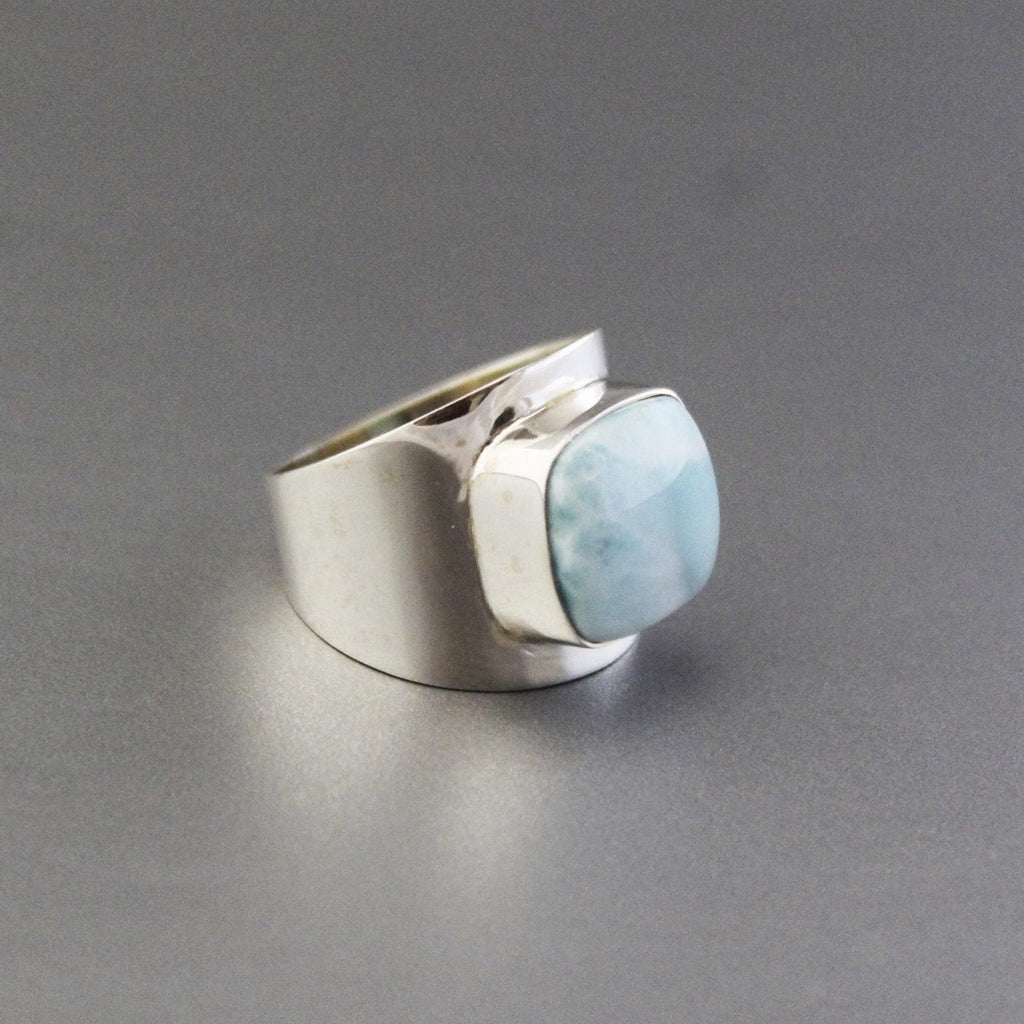 Natural Larimar Ring, Square Cabochon, Sterling Silver Ring for Women, Bohemian Jewelry Boho, Blue Gemstone