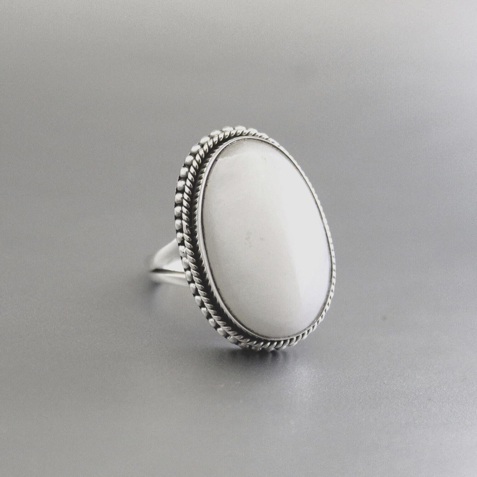 White Agate Sterling Silver Ring, Handmade Solitaire Statement, agatering