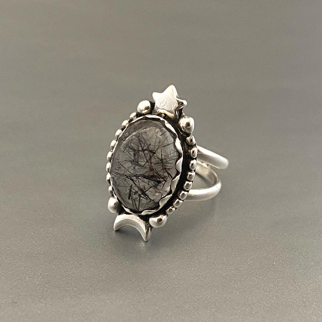 Sterling Silver Rutilated Quartz Ring, Handmade Vintage Jewelry, Nature Inspired Black Engagement Gothic Ring