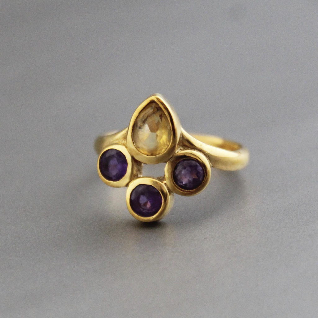 Gold Plated Citrine Amethyst Ring, Dainty Stacking Jewelry, Multi Stone Ring, Personalized Gift, November Birthstone