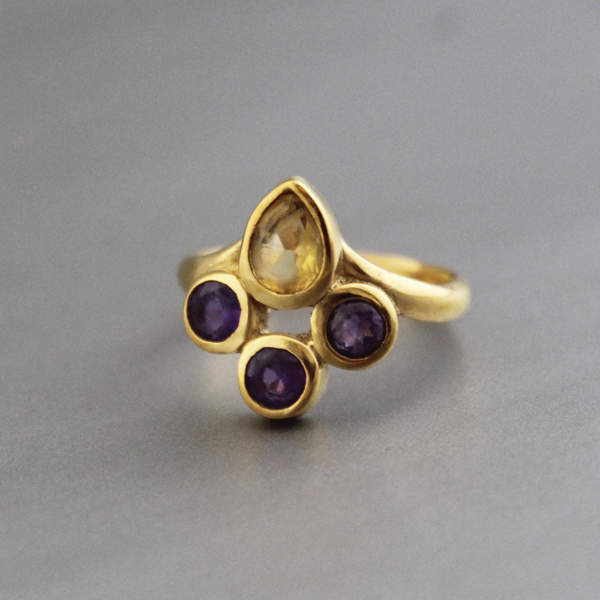 Gold Plated Citrine Amethyst Ring, Dainty Stacking Jewelry, Multi Stone Ring, Personalized Gift, November Birthstone