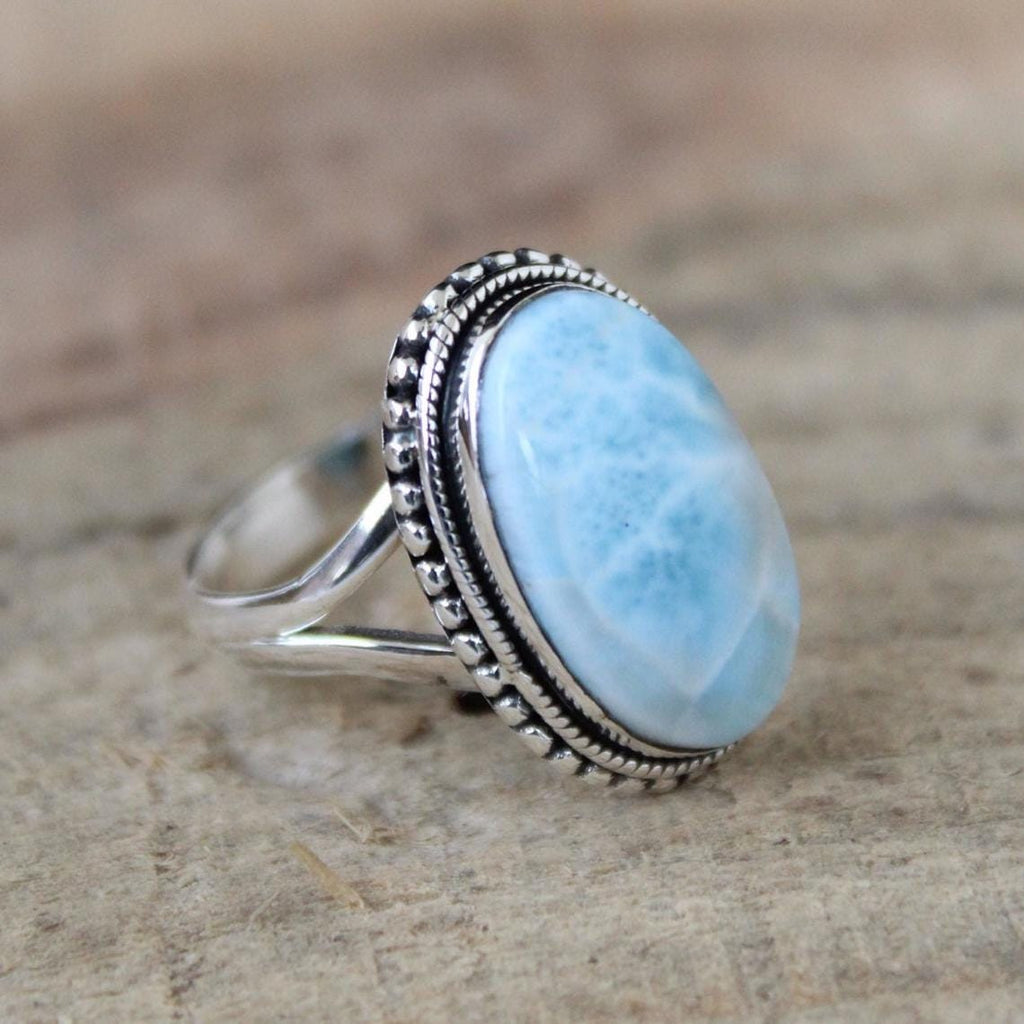Oval Larimar Ring: Sterling Silver Art Deco Gemstone Ring