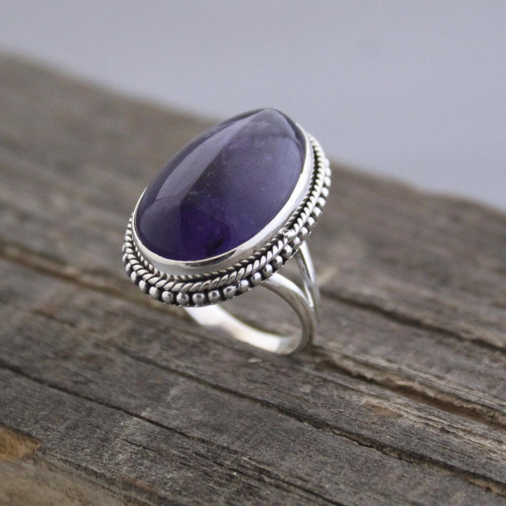 Handmade Sterling Silver Amethyst Ring, Oval Bohemian Jewelry, Large Gemstone Rings, Vintage Bridal wedding anniversary ring