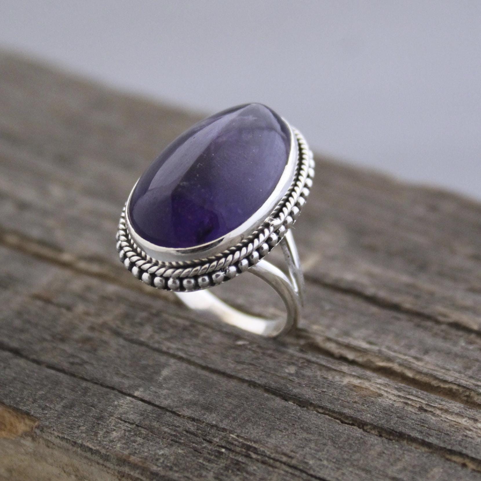 Handmade Sterling Silver Amethyst Ring, Oval Bohemian Jewelry, Large Gemstone Rings, Vintage Bridal wedding anniversary ring