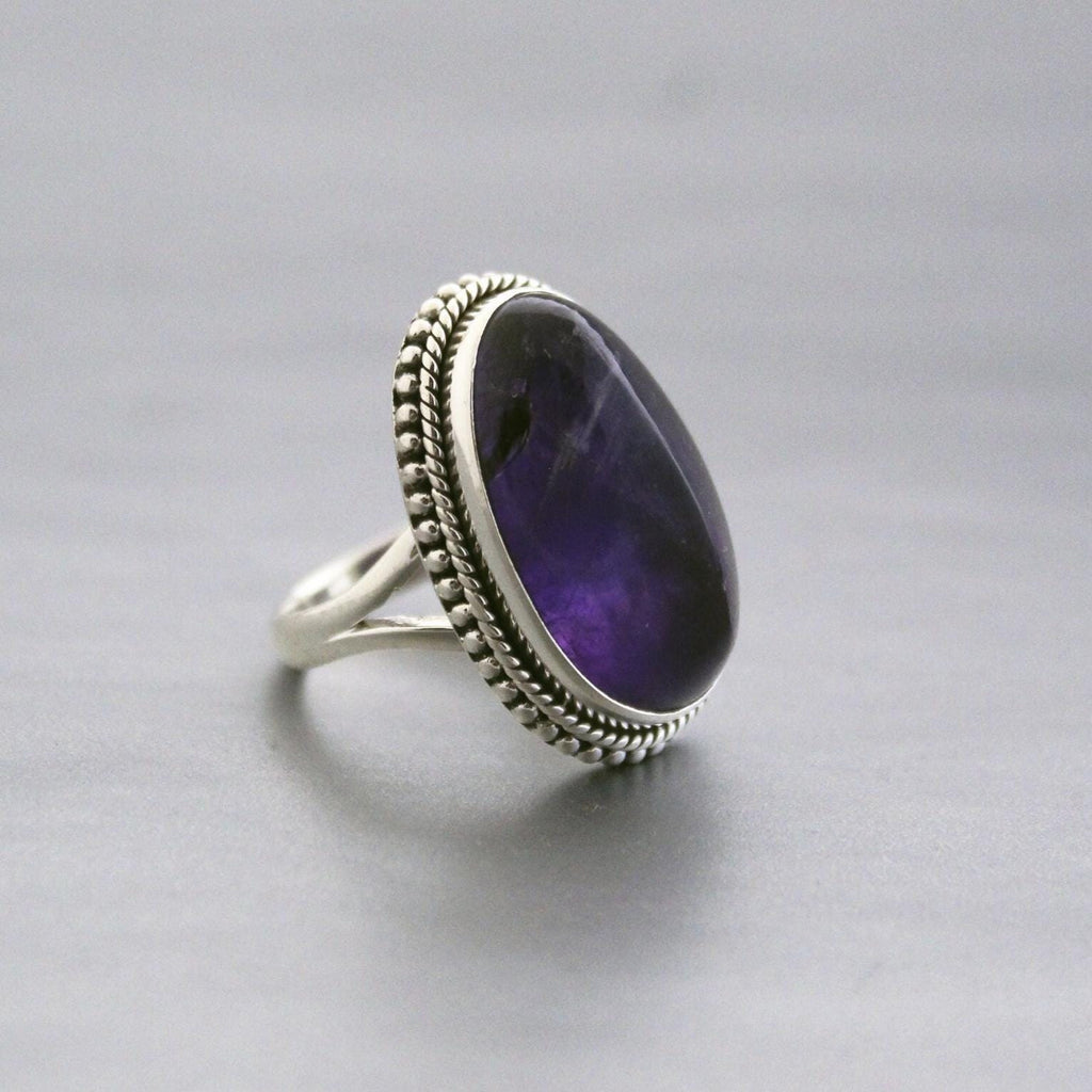 Handmade Sterling Silver Amethyst Ring, Oval Bohemian Jewelry, Large Gemstone Rings, Vintage Bridal wedding anniversary ring
