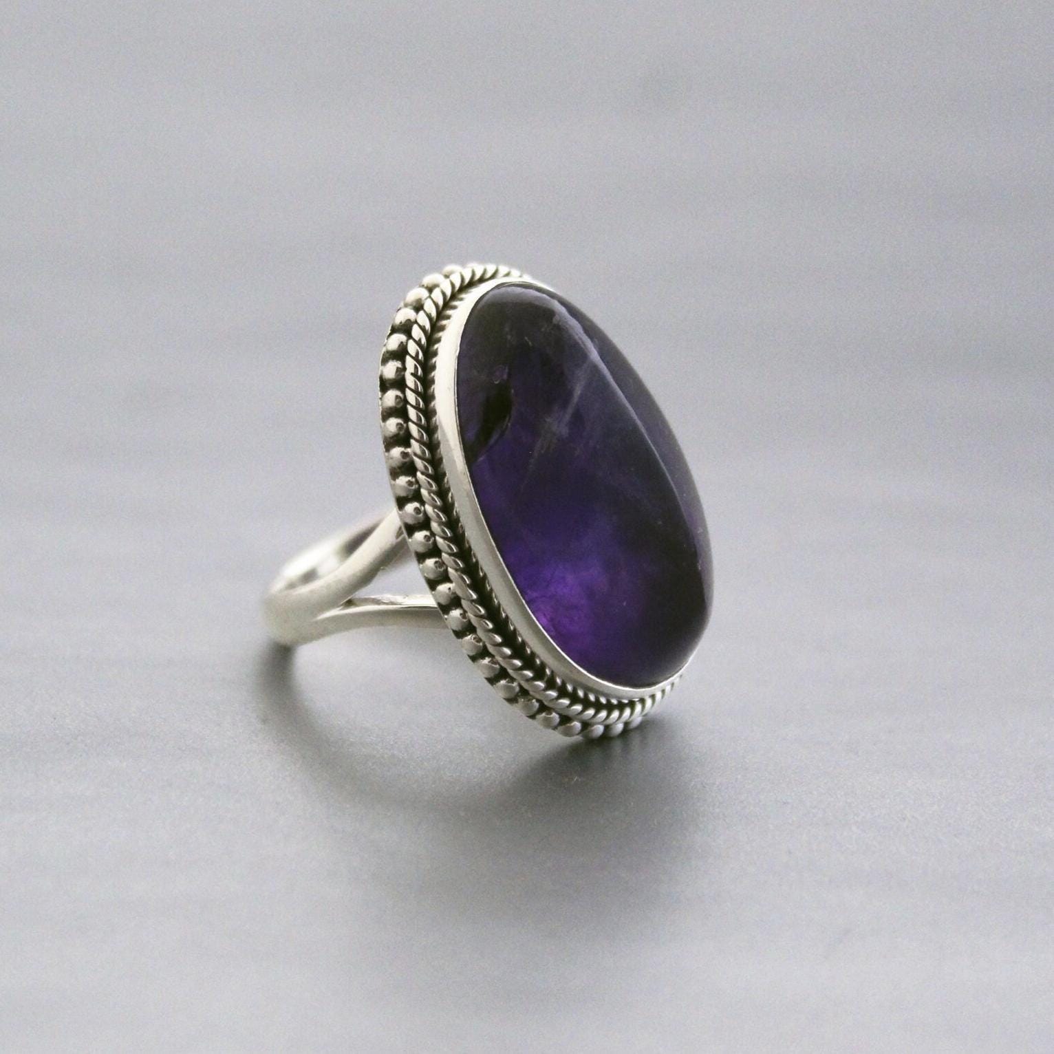 Handmade Sterling Silver Amethyst Ring, Oval Bohemian Jewelry, Large Gemstone Rings, Vintage Bridal wedding anniversary ring