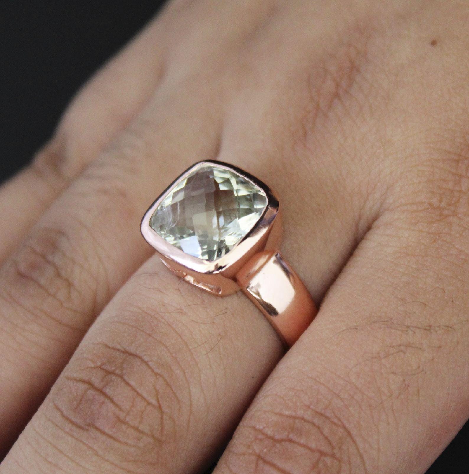 Green Amethyst Prasiolite Ring, 18K Rose‑Gold filled, February Birthstone, Green Gemstone rings, Rings for women