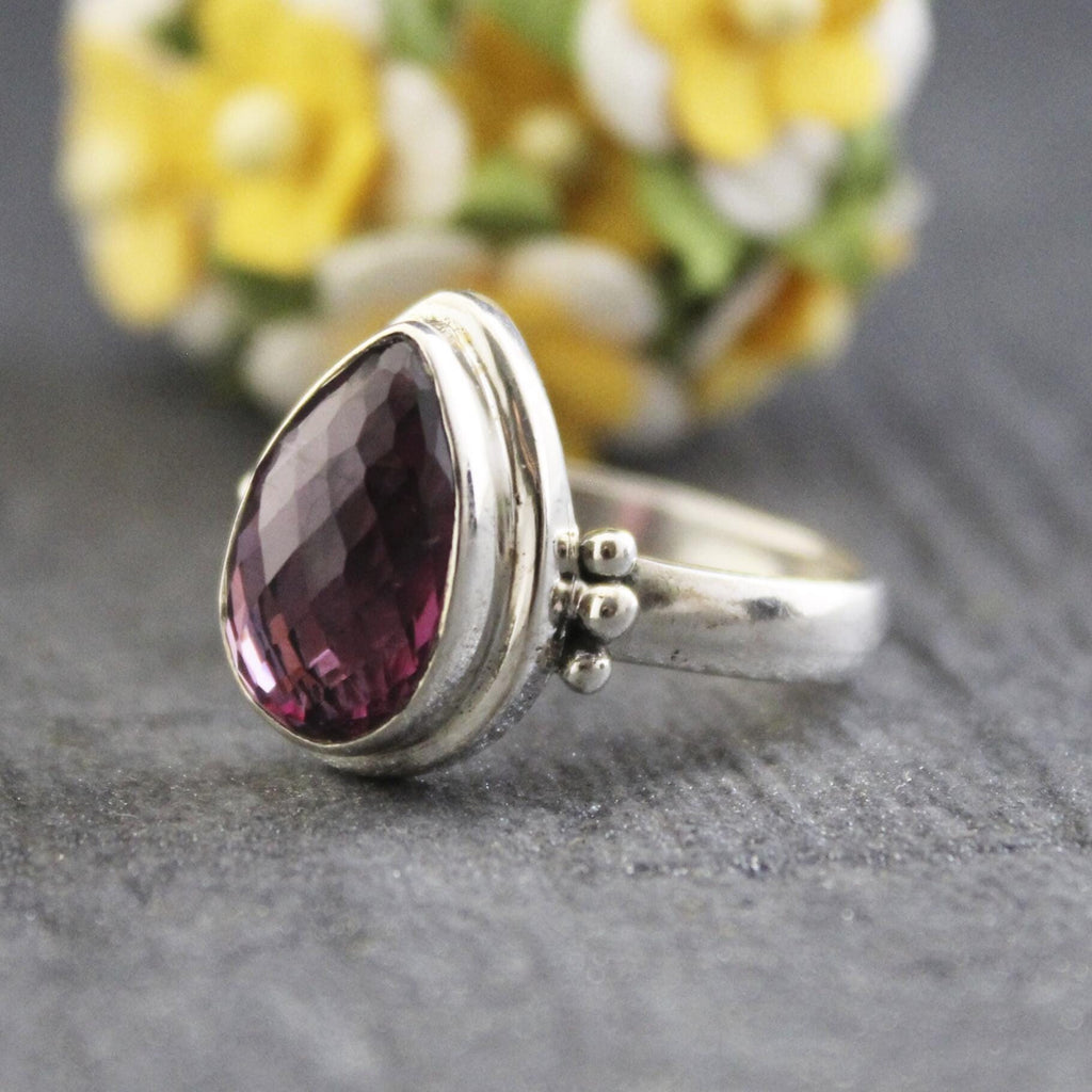 Natural Garnet Sterling Silver Ring, January Birthstone, Handmade Jewelry, Teardrop Gemstone, Vintage Gift for Her, Unique Silver Ring