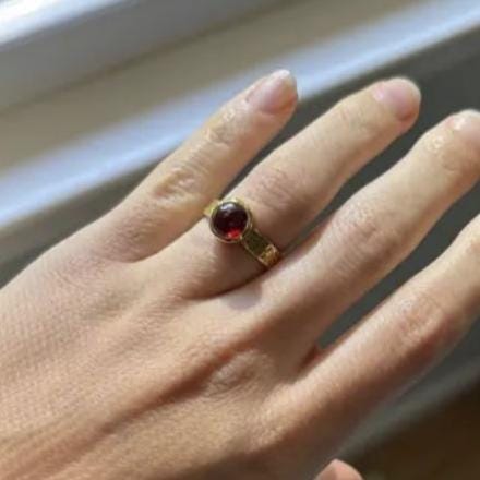 Natural Garnet Ring, 14k Gold Plated, Hammered Band, January Birthstone, Wedding Ring Gift