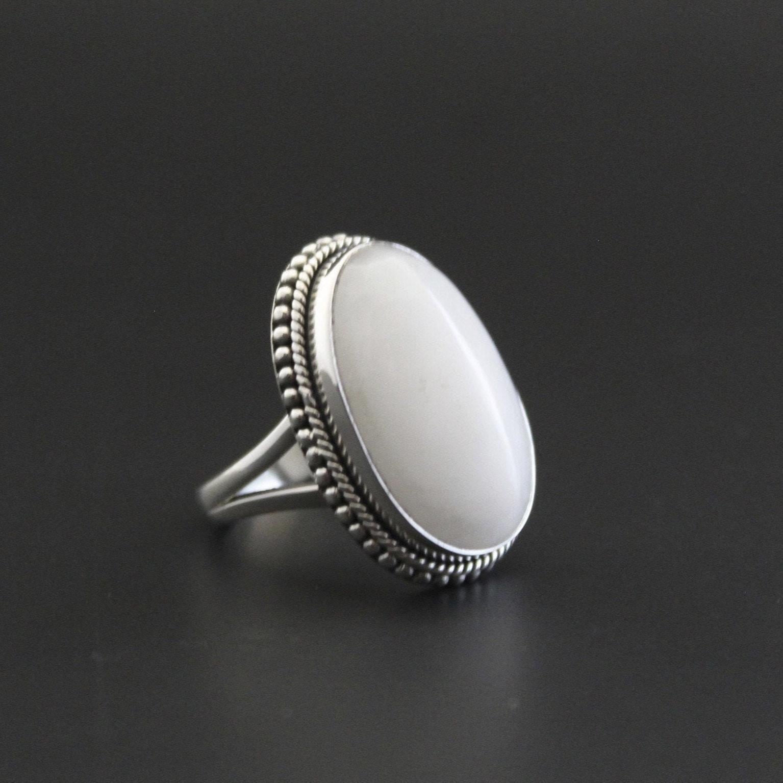 White Agate Sterling Silver Ring, Handmade Solitaire Statement, agatering
