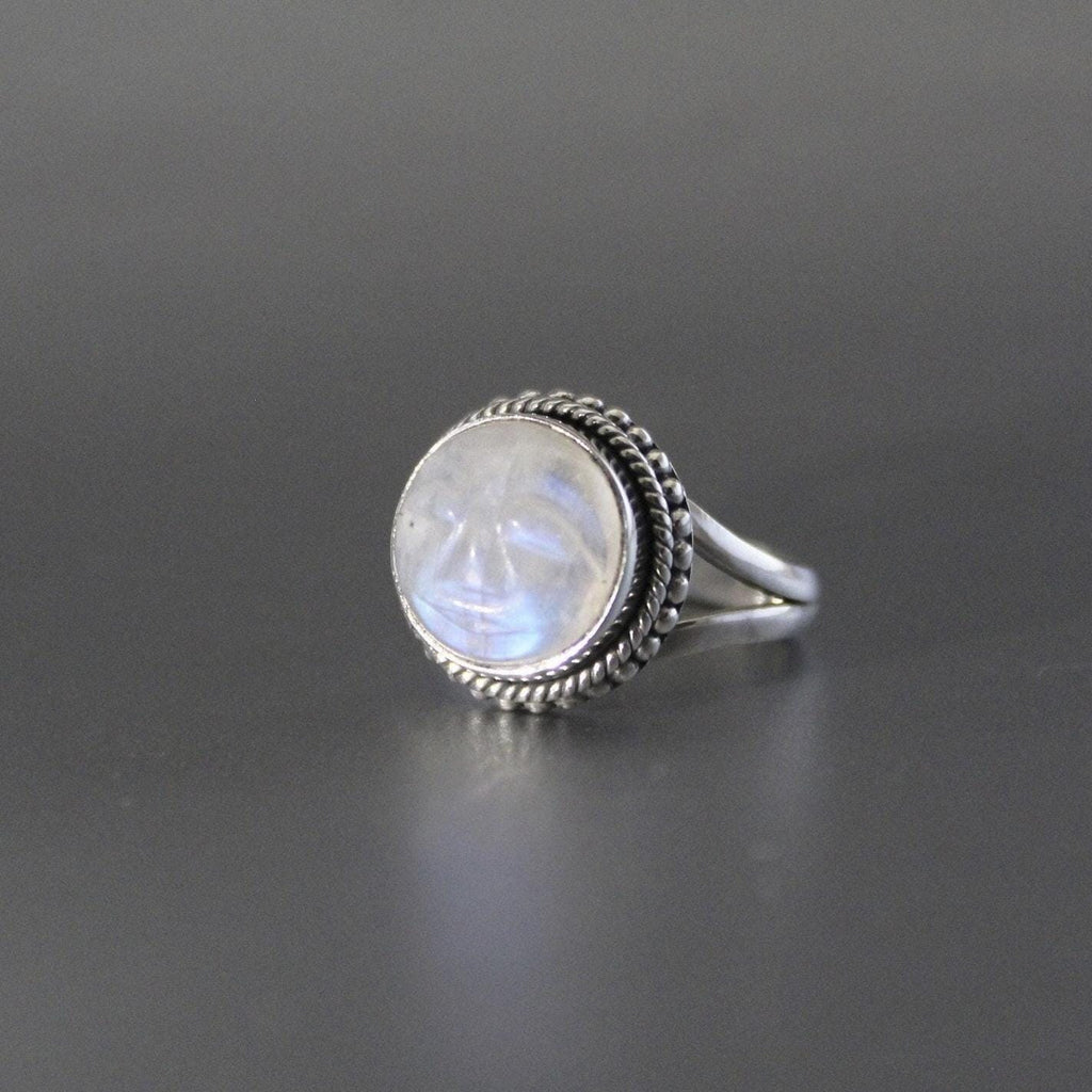 Rainbow Moonstone Ring, Handcrafted Sterling Silver Crescent Moon Face, Wedding Jewelry, Rainbow Ring