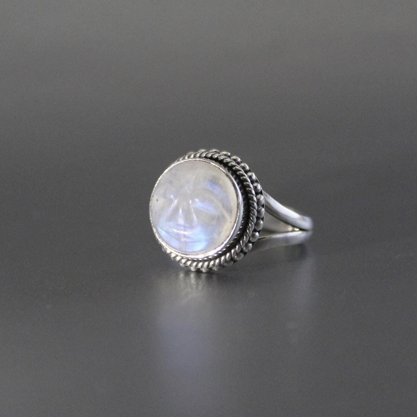 Rainbow Moonstone Ring, Handcrafted Sterling Silver Crescent Moon Face, Wedding Jewelry, Rainbow Ring