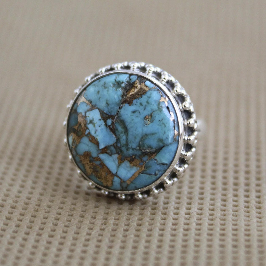 Sterling Silver round copper Turquoise Gemstone Ring, Boho Statement Jewelry, December Birthstone,