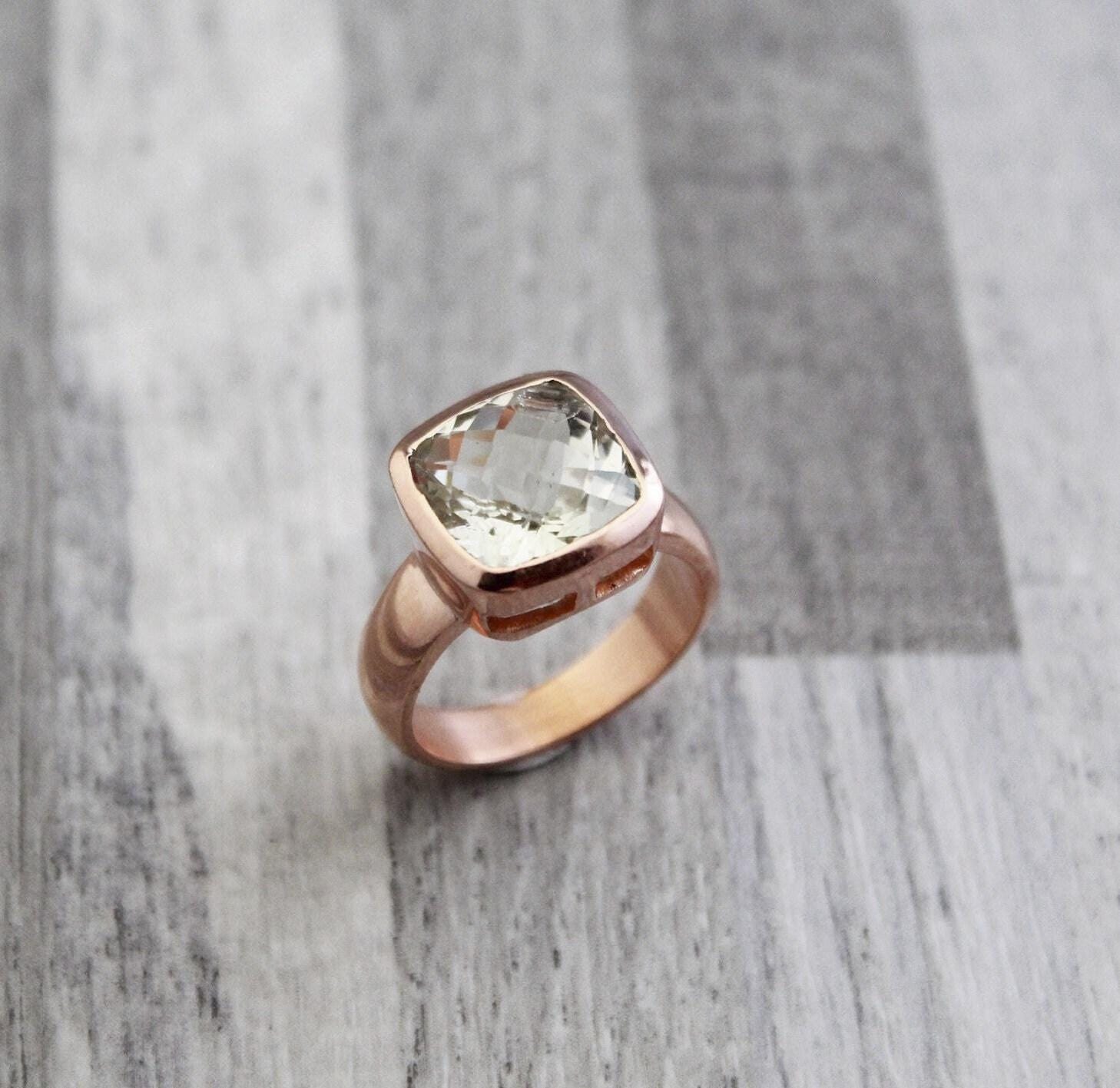 Green Amethyst Prasiolite Ring, 18K Rose‑Gold filled, February Birthstone, Green Gemstone rings, Rings for women