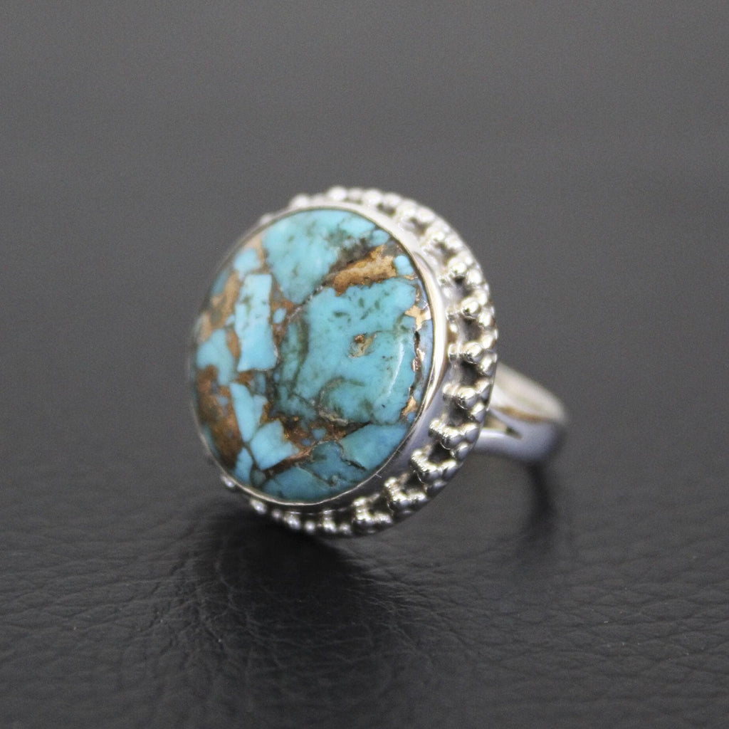 Sterling Silver round copper Turquoise Gemstone Ring, Boho Statement Jewelry, December Birthstone,