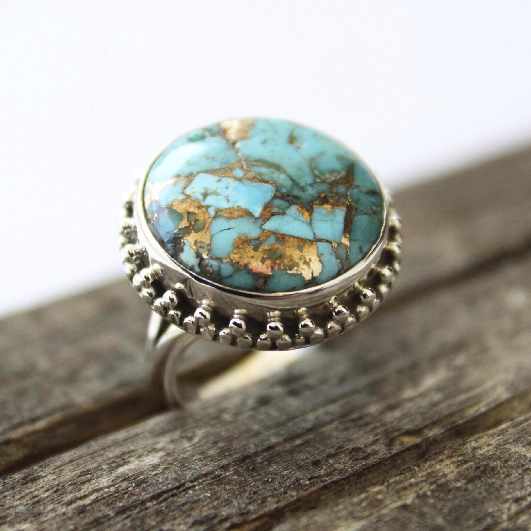 Sterling Silver round copper Turquoise Gemstone Ring, Boho Statement Jewelry, December Birthstone,
